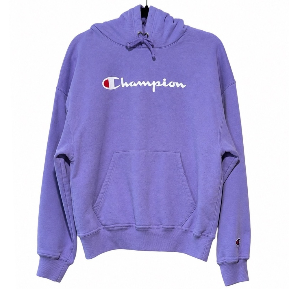 Champion Womens S Purple Powerblend Hoodie Script Logo Pullover Fleece GF536